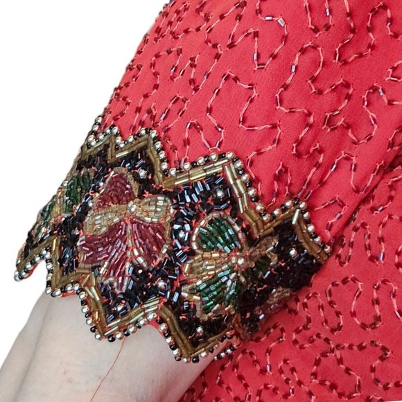 VTG 80s 90s Medium Red Silk Beaded Cocktail Blouse Statement Special Occasion - Picture 5 of 9